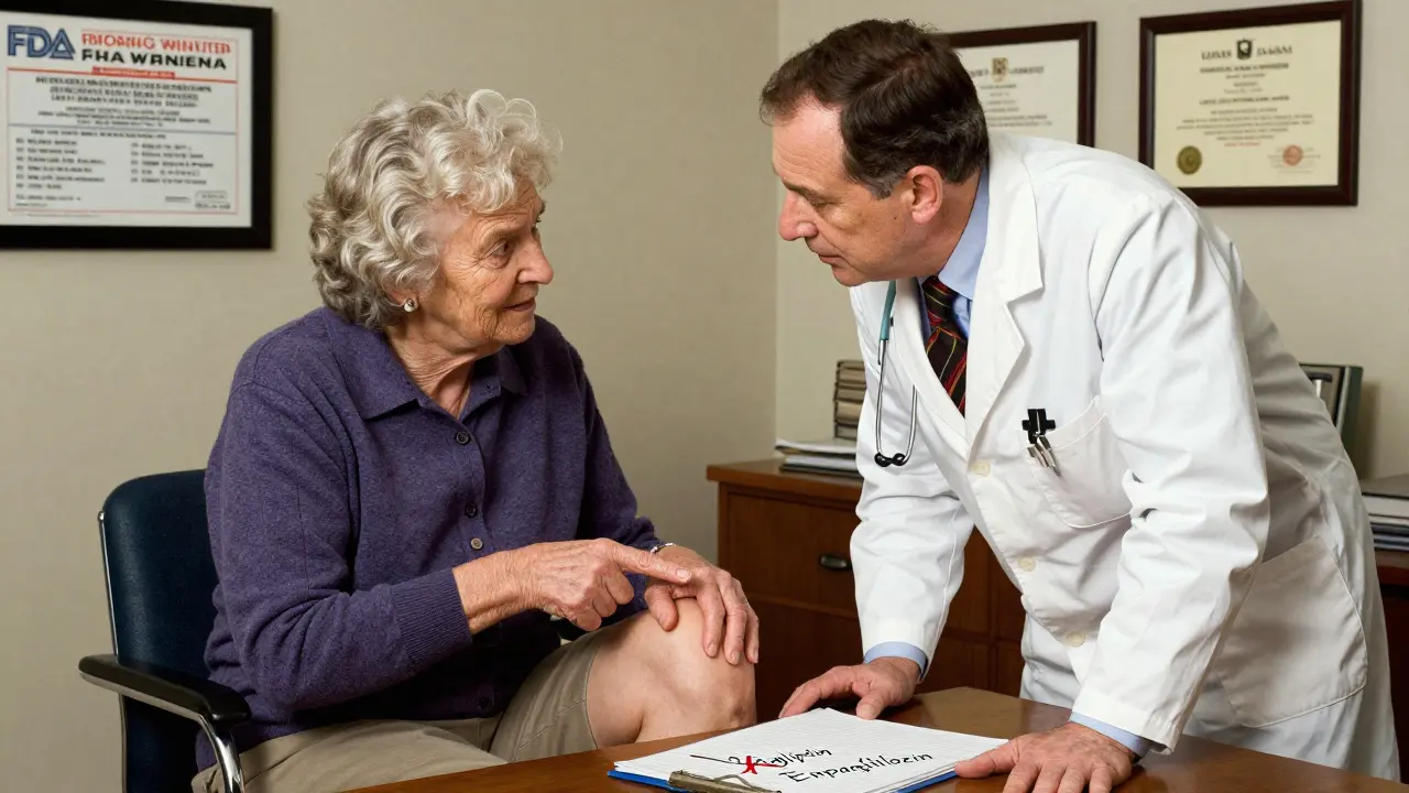 A doctor and patient discussing joint pain in a cozy office, with an FDA warning visible on the wall.