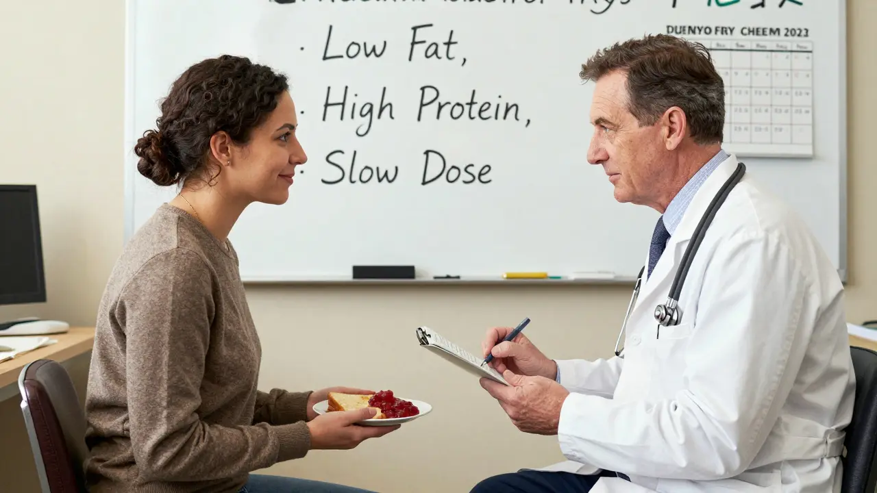 A doctor and patient reviewing a symptom journal in a warm office with a low-fat, high-protein meal on the table.