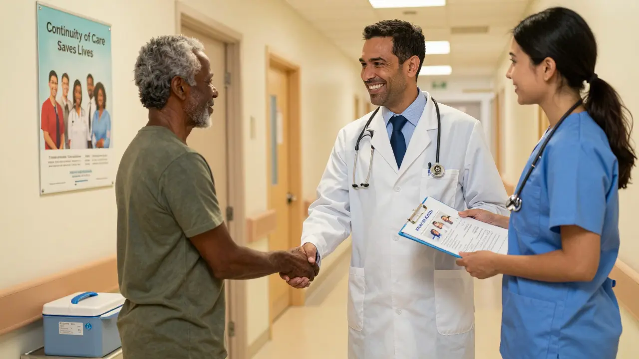 A doctor and patient share a smile after receiving biosimilar medication, with a care team photo folder and insulated delivery box nearby in a hospital hallway.