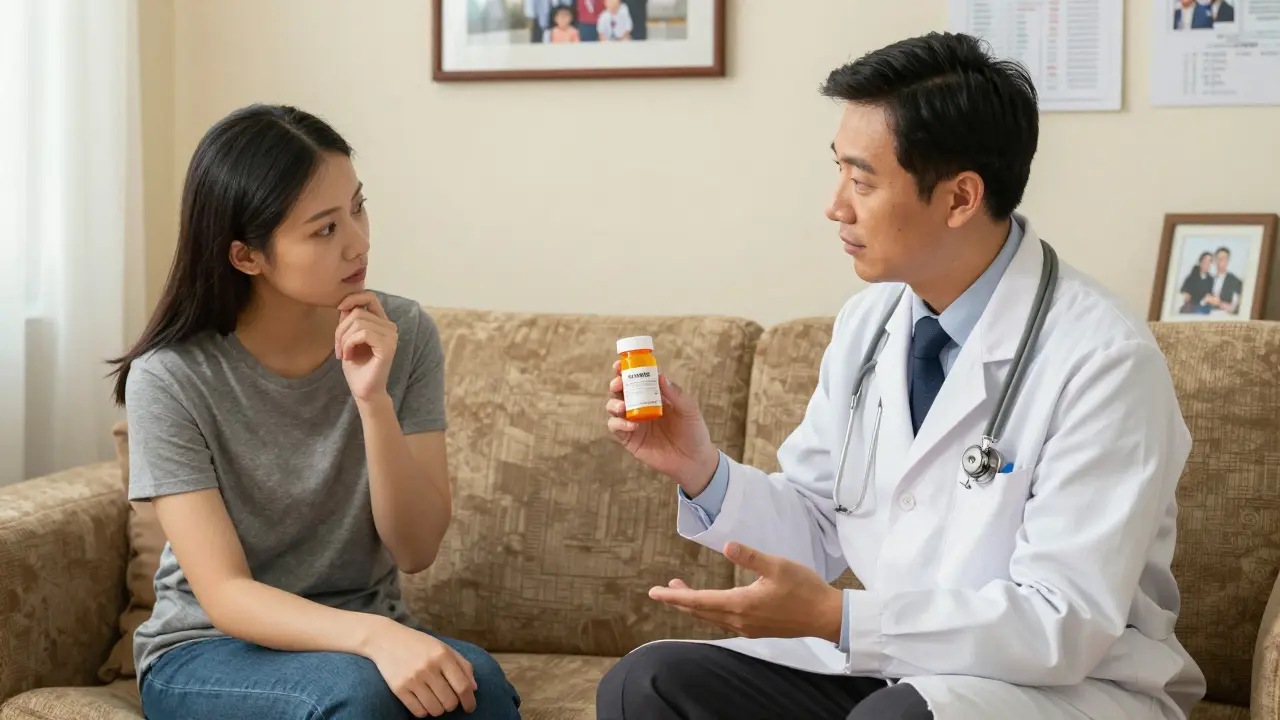 A doctor explains generic medication to a patient in a cozy office, both calm and connected.