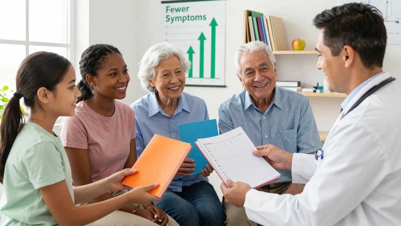 A doctor receiving journals from smiling patients in a sunlit office, with a chart showing improved health.