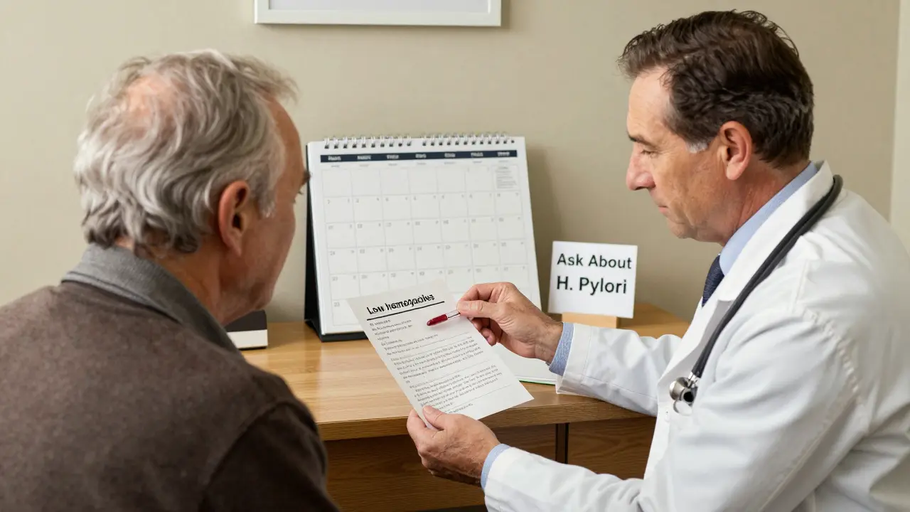 A doctor shows an elderly patient a blood test result, discussing NSAID risks in a warm clinic setting.