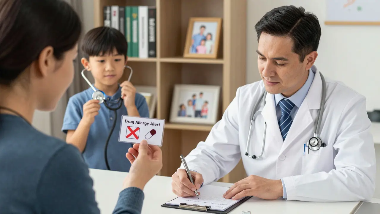 A doctor writes an allergy warning as a patient holds a drug alert card, child nearby with toy stethoscope, warm office setting.