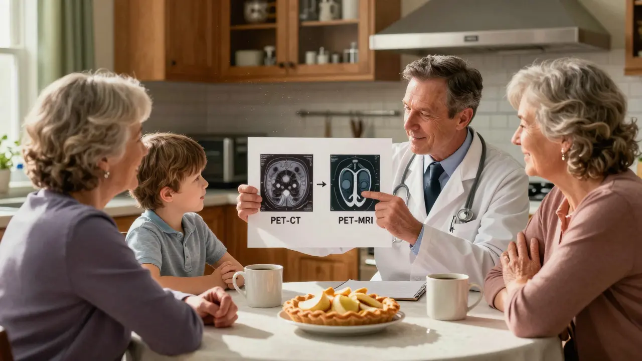 A family and doctor discuss cancer imaging options at a kitchen table, with a diagram and homey details like pie and coffee.