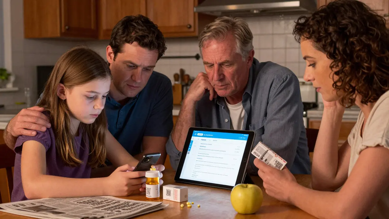 A family checks a pill bottle's QR code on a smartphone at the kitchen table.