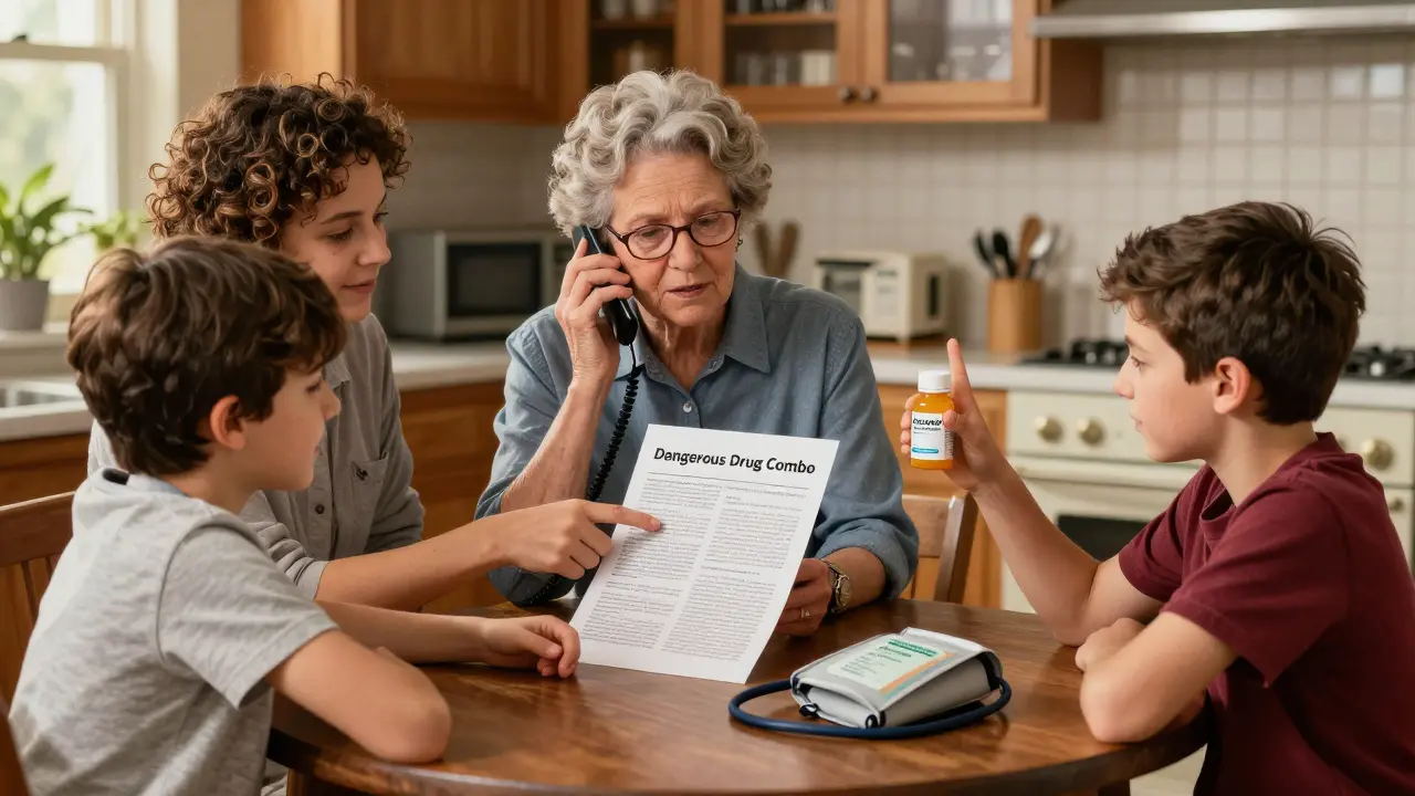 A family discusses a dangerous drug interaction at the kitchen table, with azithromycin in hand and a blood pressure cuff on the table.