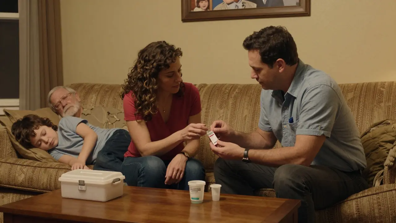 A family discusses naloxone use with a grandparent, a locked medicine box and dosing cup on the table as a child sleeps nearby.