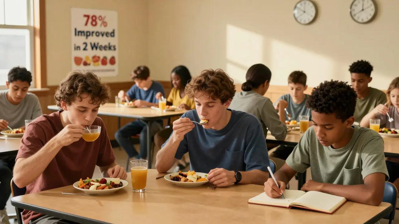 A group of people eating small meals together in a community center, showing quiet progress and routine.