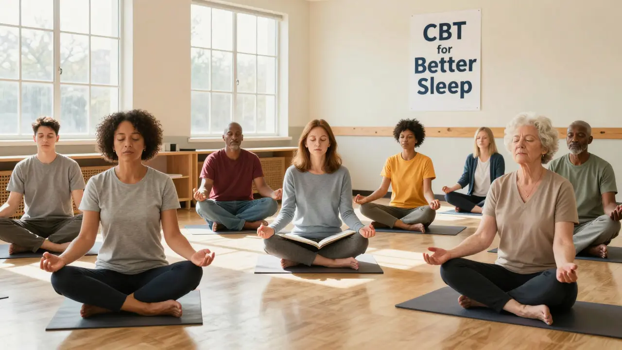 A group of people practicing mindfulness in a sunlit community center, no medications visible.