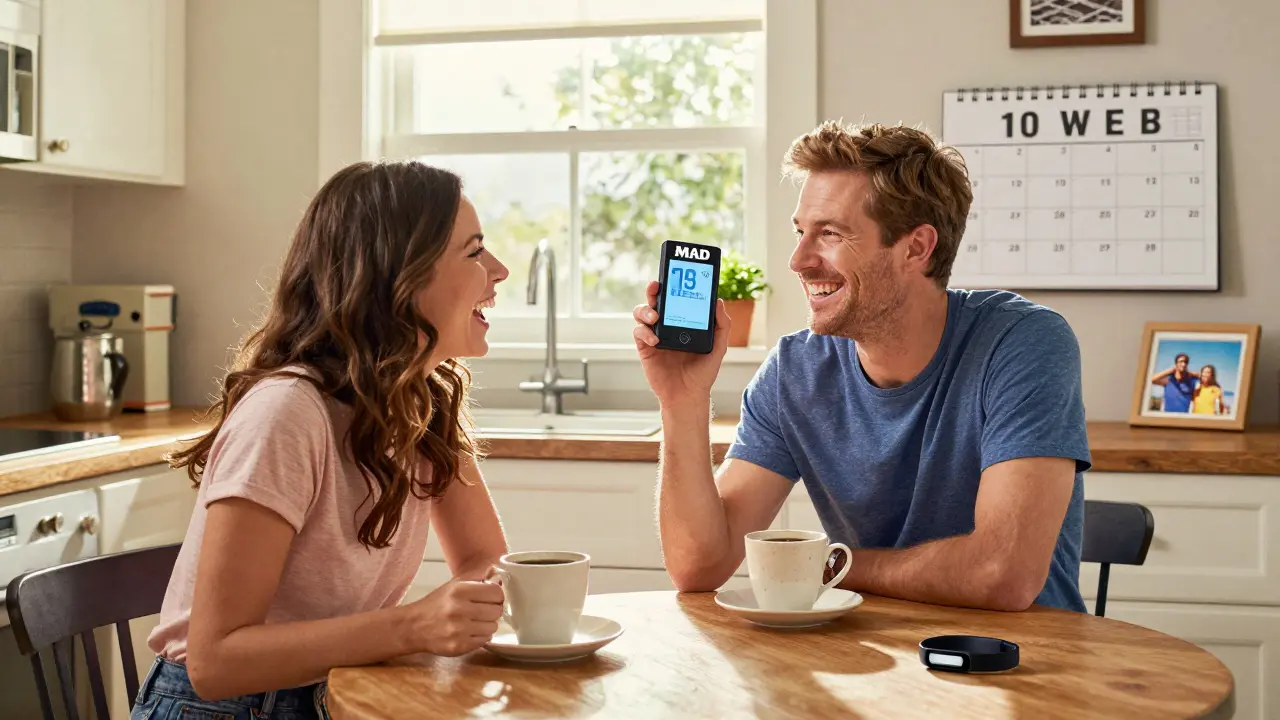 A happy couple at breakfast, smiling as the husband holds his sleep appliance, symbolizing restored rest and shared joy.