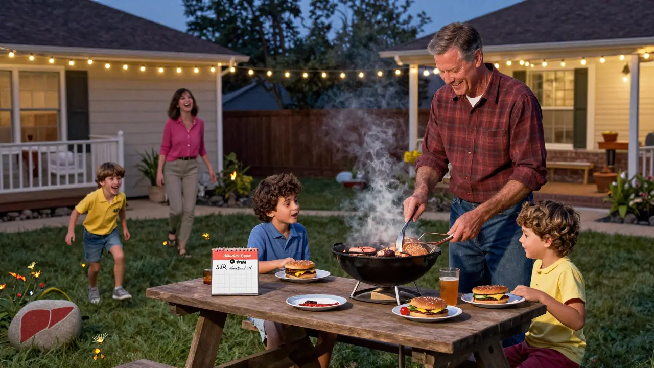 A man grills with his family at dusk, a medical chart nearby marking his hepatitis C cure.