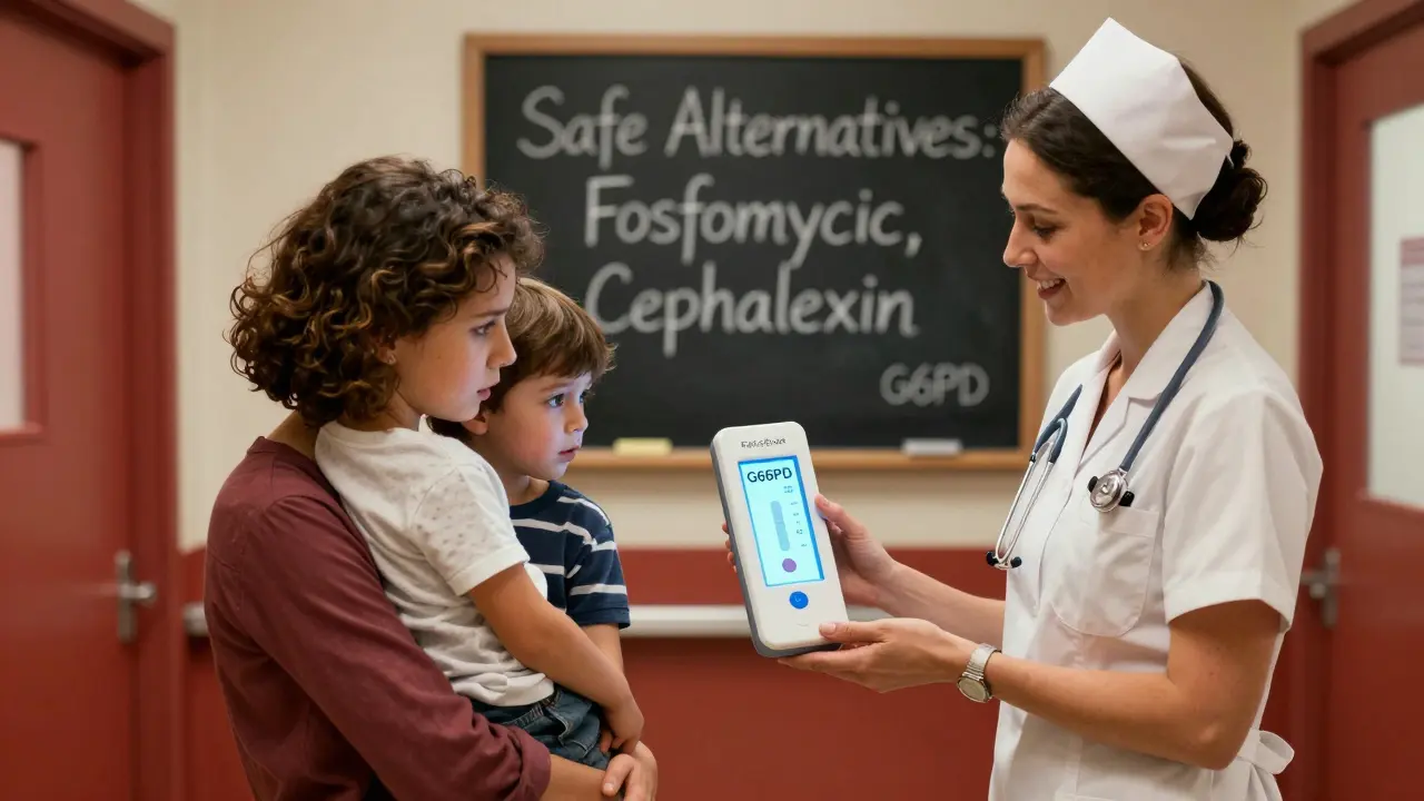 A mother and child view a G6PD test result with a nurse’s reassuring presence in a softly lit hospital hallway.