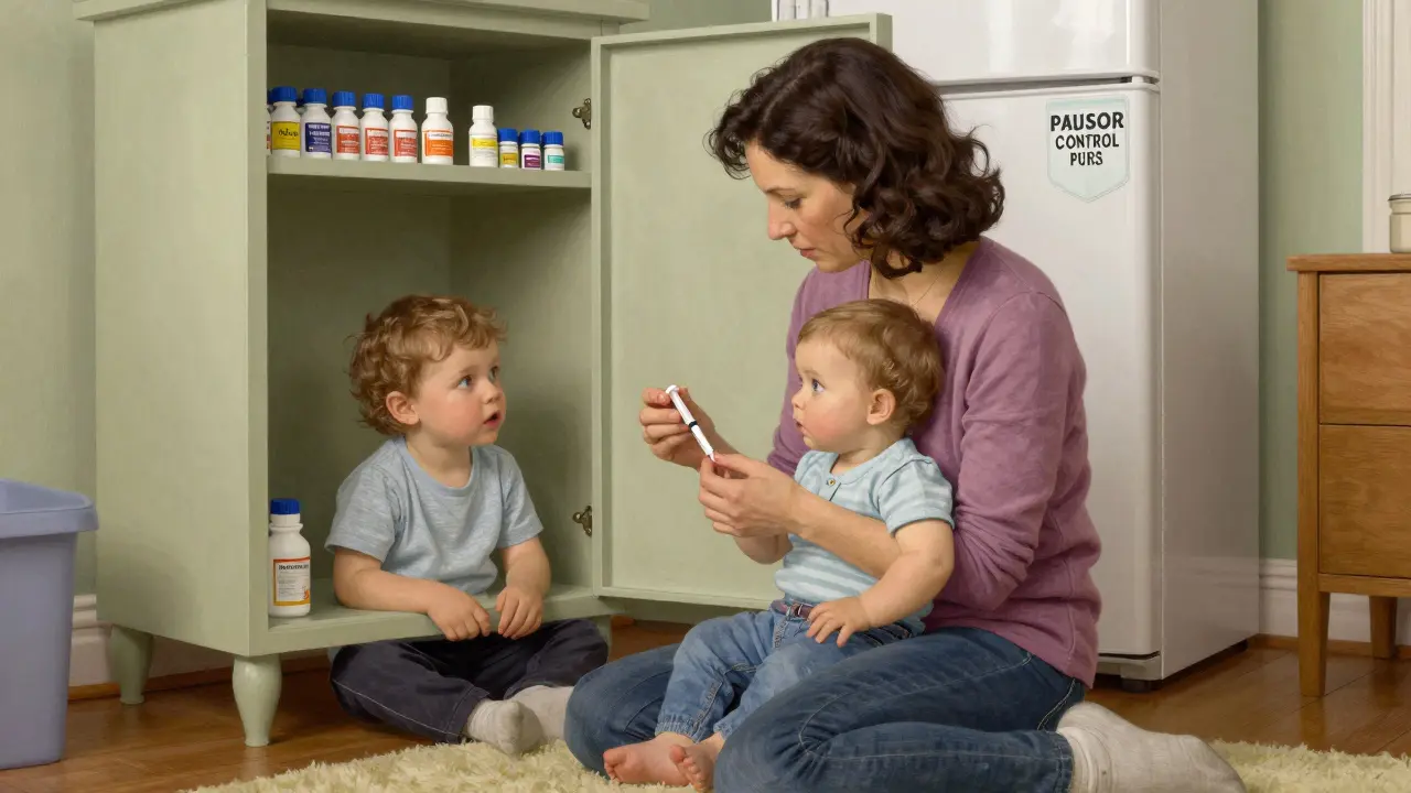 A mother uses a dosing syringe to give medicine to her child, with a locked cabinet and poison control number visible in the background.