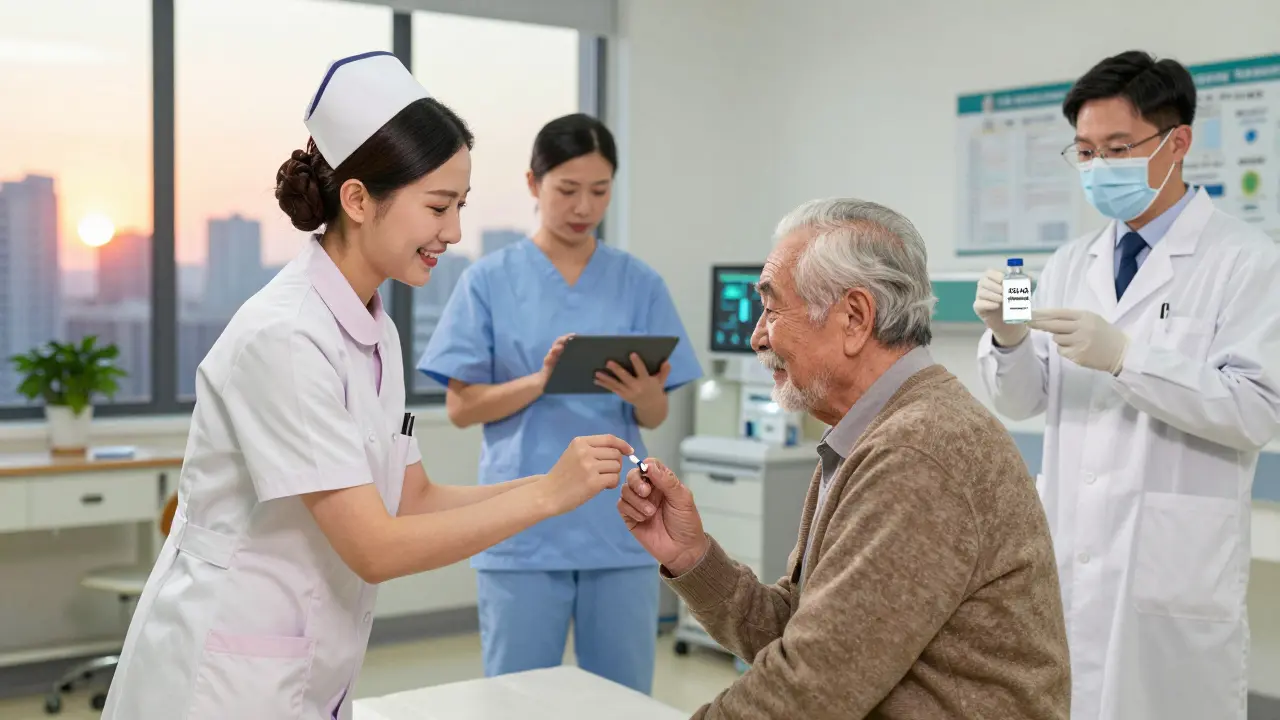 A nurse gives medicine to a patient in a hospital as researchers monitor data, symbolizing global standards in clinical trials.