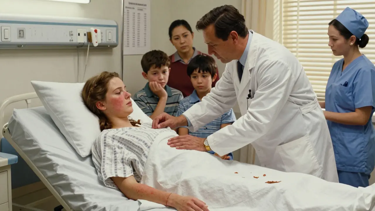 A patient in a hospital bed with damp dressings is gently examined by a doctor, family nearby, soft light and medical equipment in background.