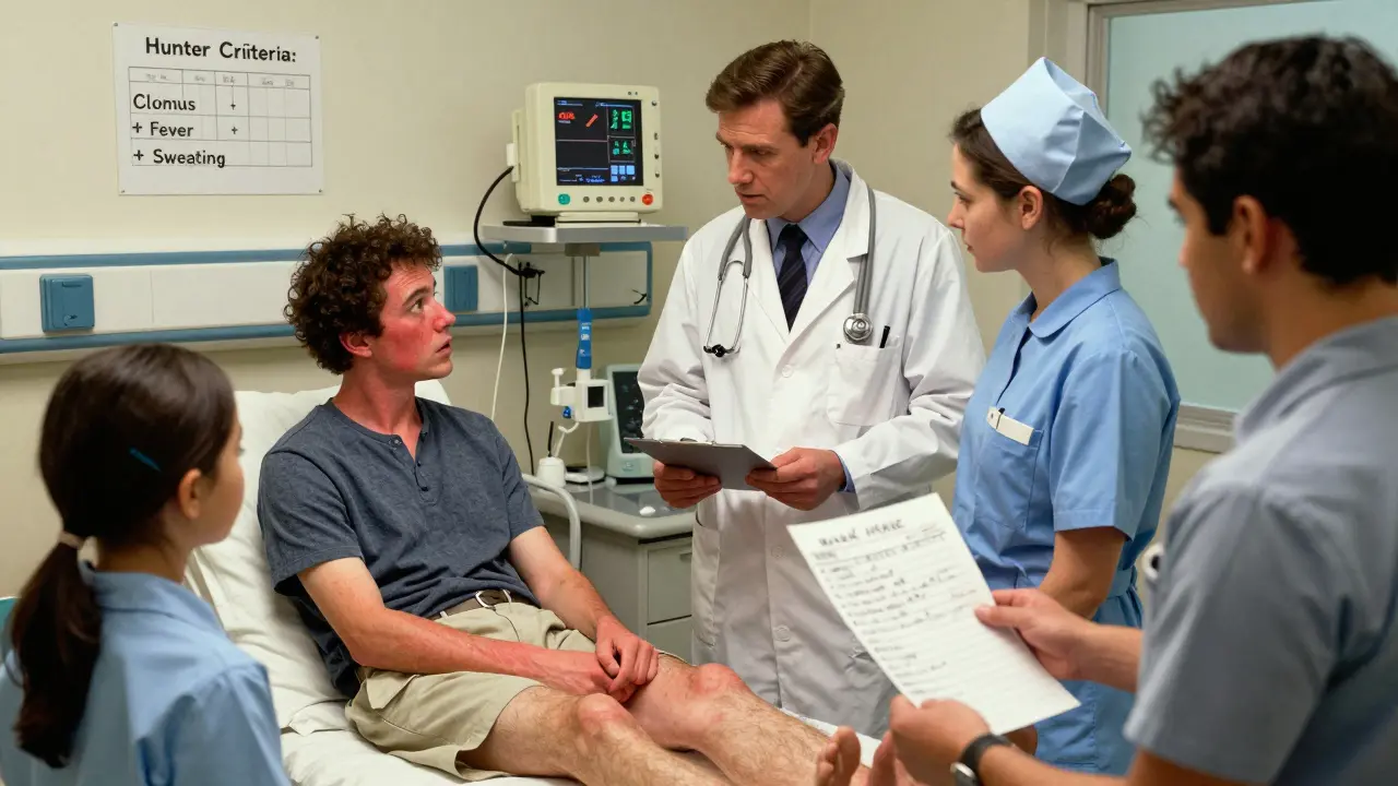 A patient in an ER being treated for serotonin syndrome while family holds a list of medications.