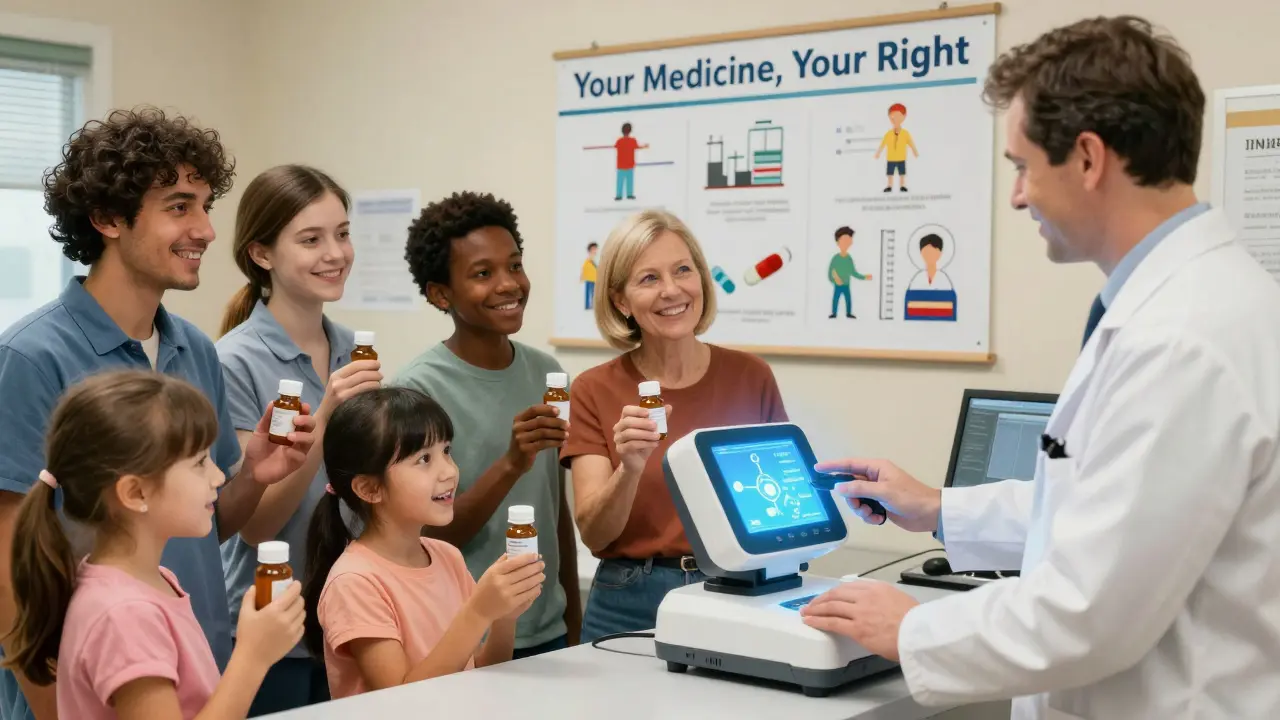 A pharmacist demonstrates a drug scanner to a community group in a health center.