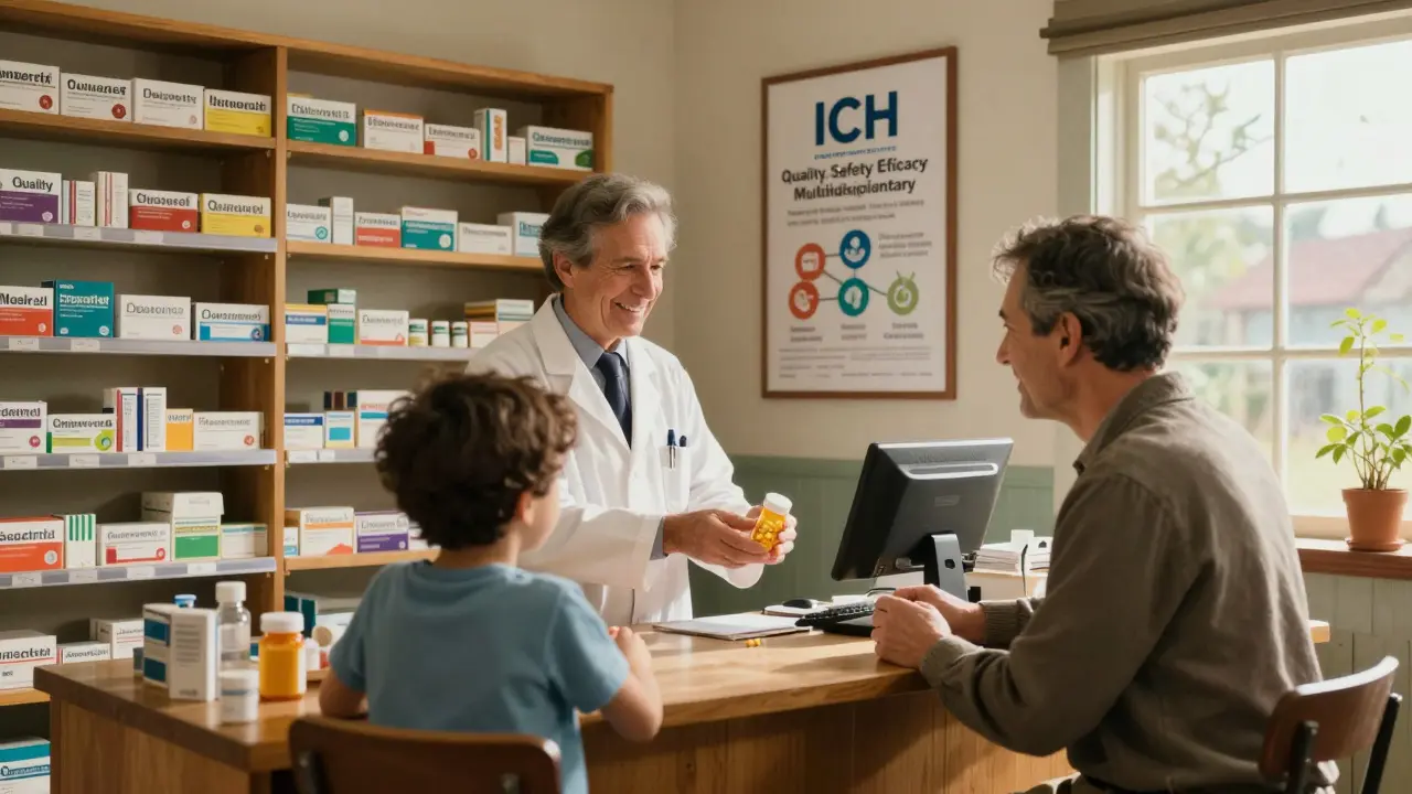 A pharmacist hands a generic medication to a child in a small pharmacy, with ICH guidelines displayed on the wall.