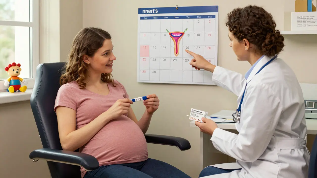 A pregnant woman receiving guidance from a doctor about safe yeast infection treatment.