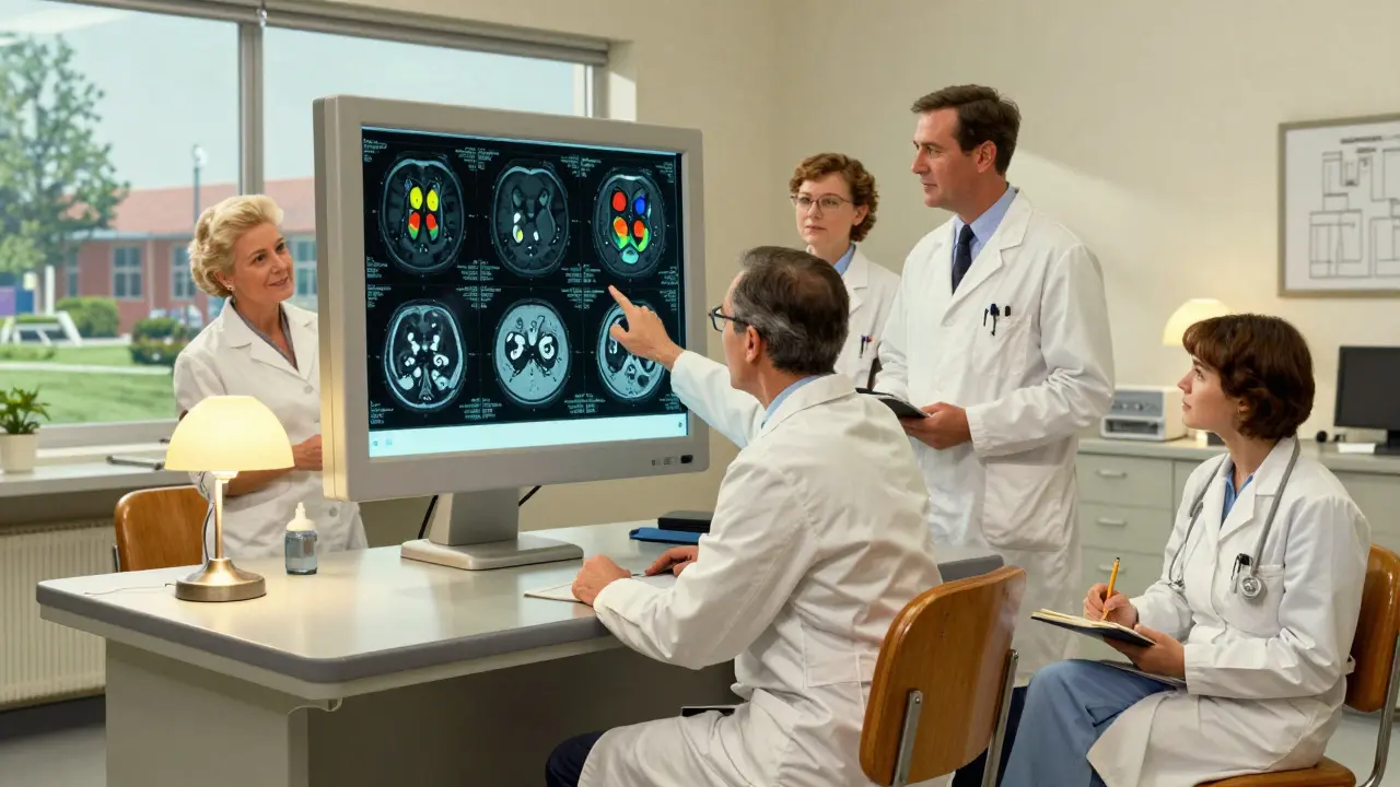 A radiologist and colleagues study a PET-MRI scan on a lightbox in a cozy, well-lit control room filled with medical equipment.