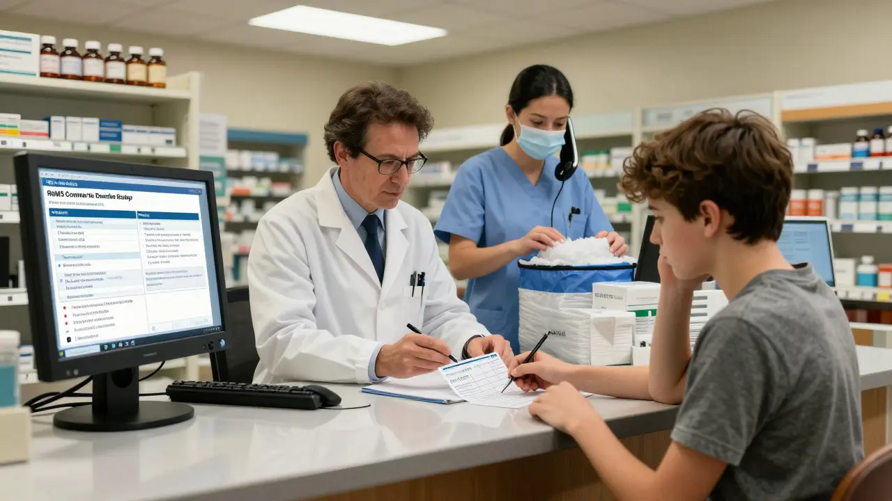 A specialty pharmacy team works behind the counter, managing prescriptions, insurance, and temperature-controlled shipments with digital screens and vials visible.