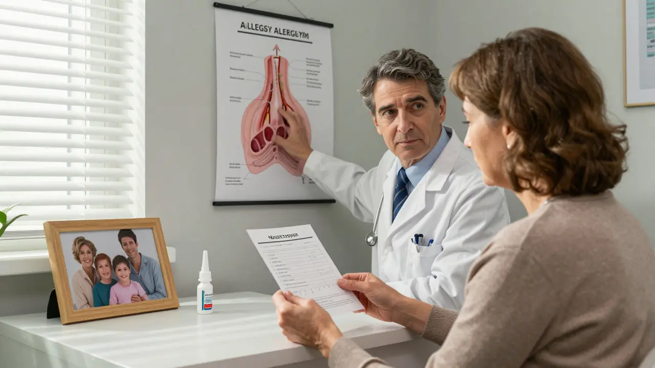 A woman and doctor reviewing allergy test results in a cozy office with a nerve diagram on the wall.