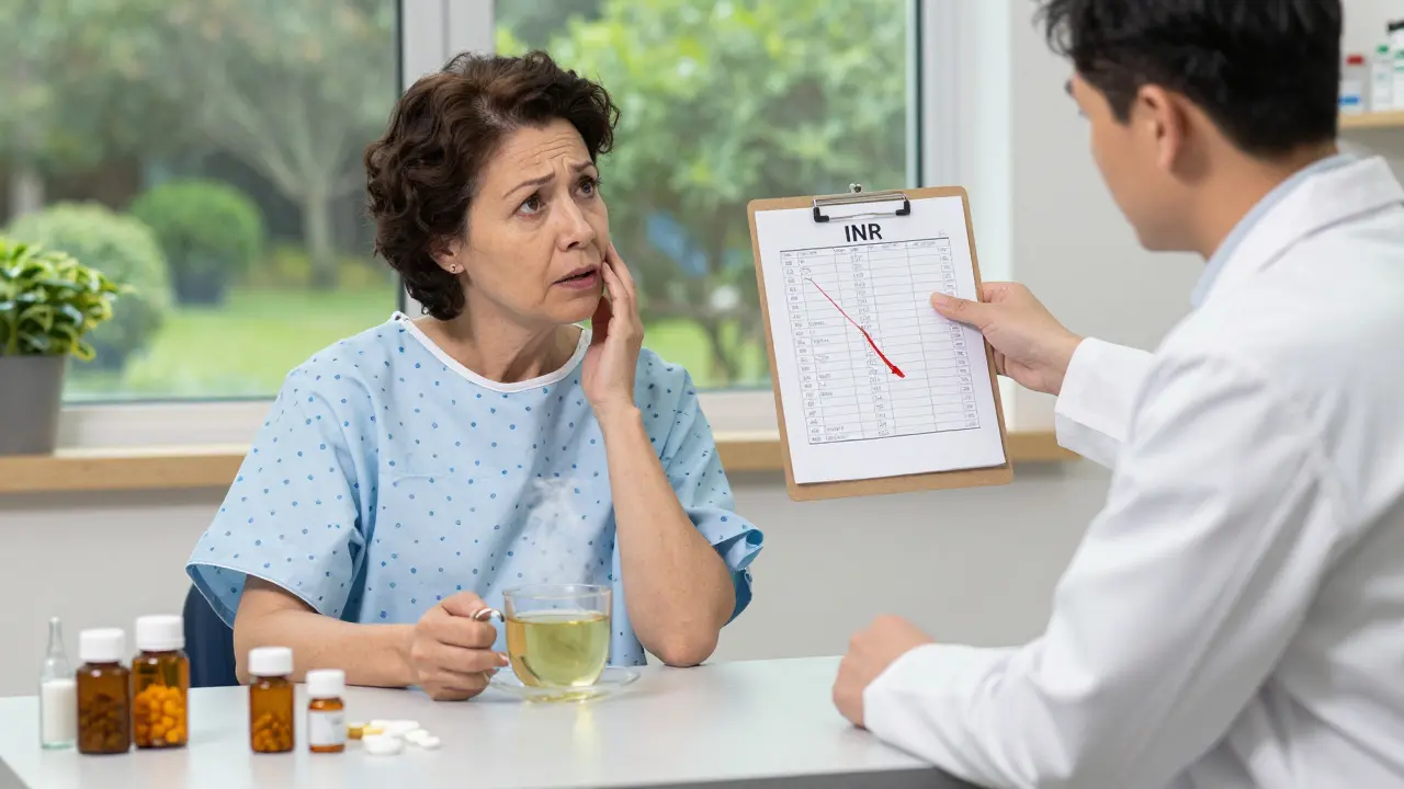 A woman at a clinic with green tea and pill bottles, pharmacist showing her INR levels dropping due to tea interaction.