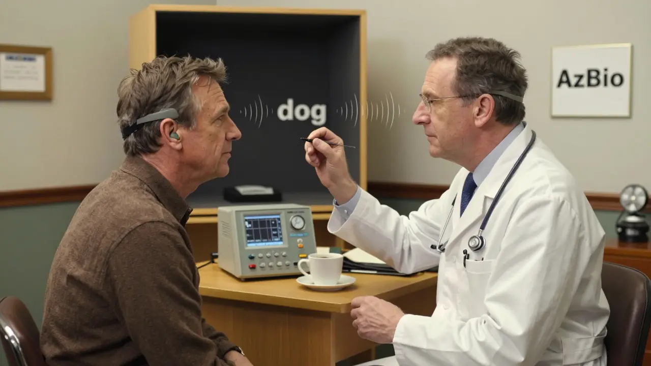 An audiologist conducting a speech test with a patient in a cozy clinic office.