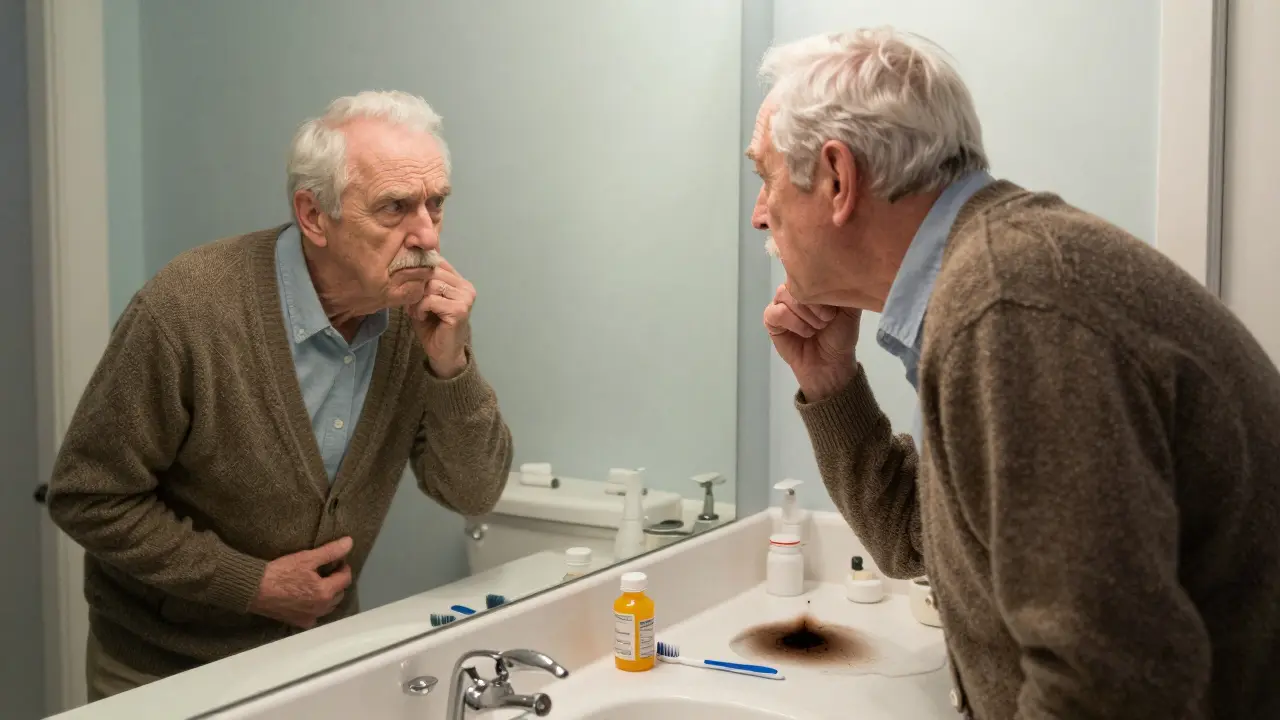 An elderly man in a cardigan stares into the bathroom mirror, noticing dark stool in the toilet.