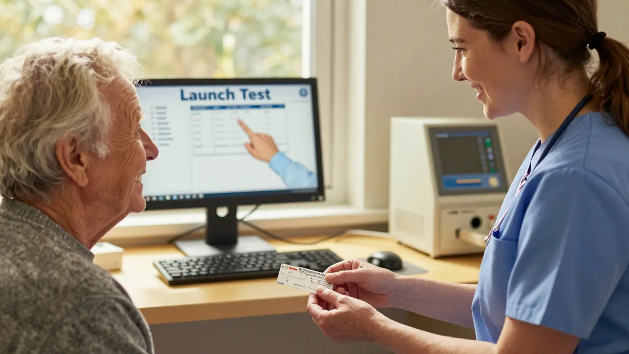 An elderly patient receiving medication as a technician confirms accurate lab results, symbolizing how precision saves lives.