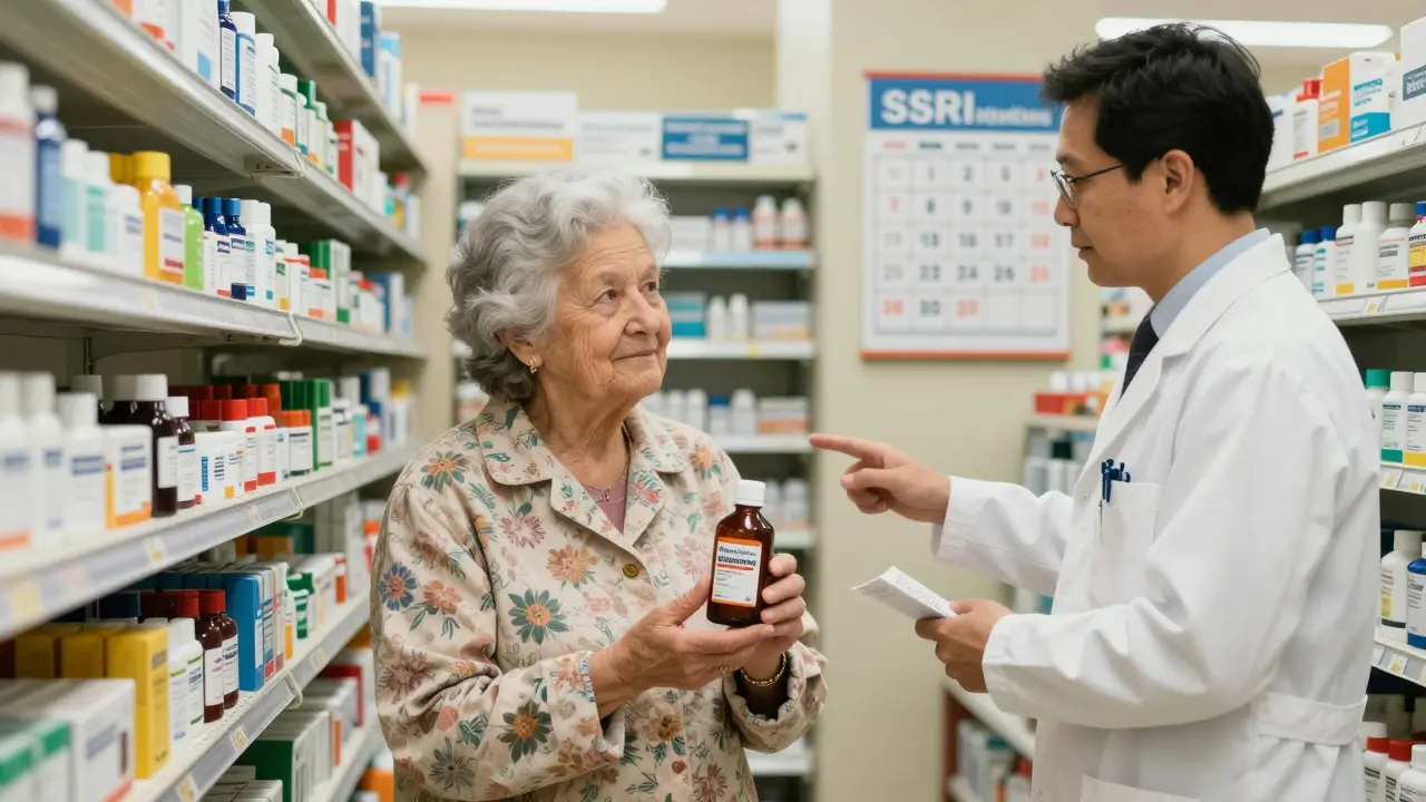 An elderly woman in a pharmacy with a pharmacist showing her a warning label about drug interactions.