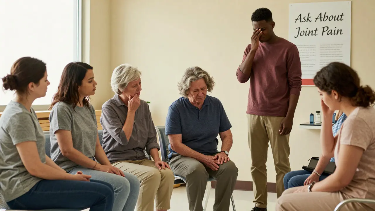 Diverse diabetic patients in a clinic waiting room, each showing signs of joint discomfort.