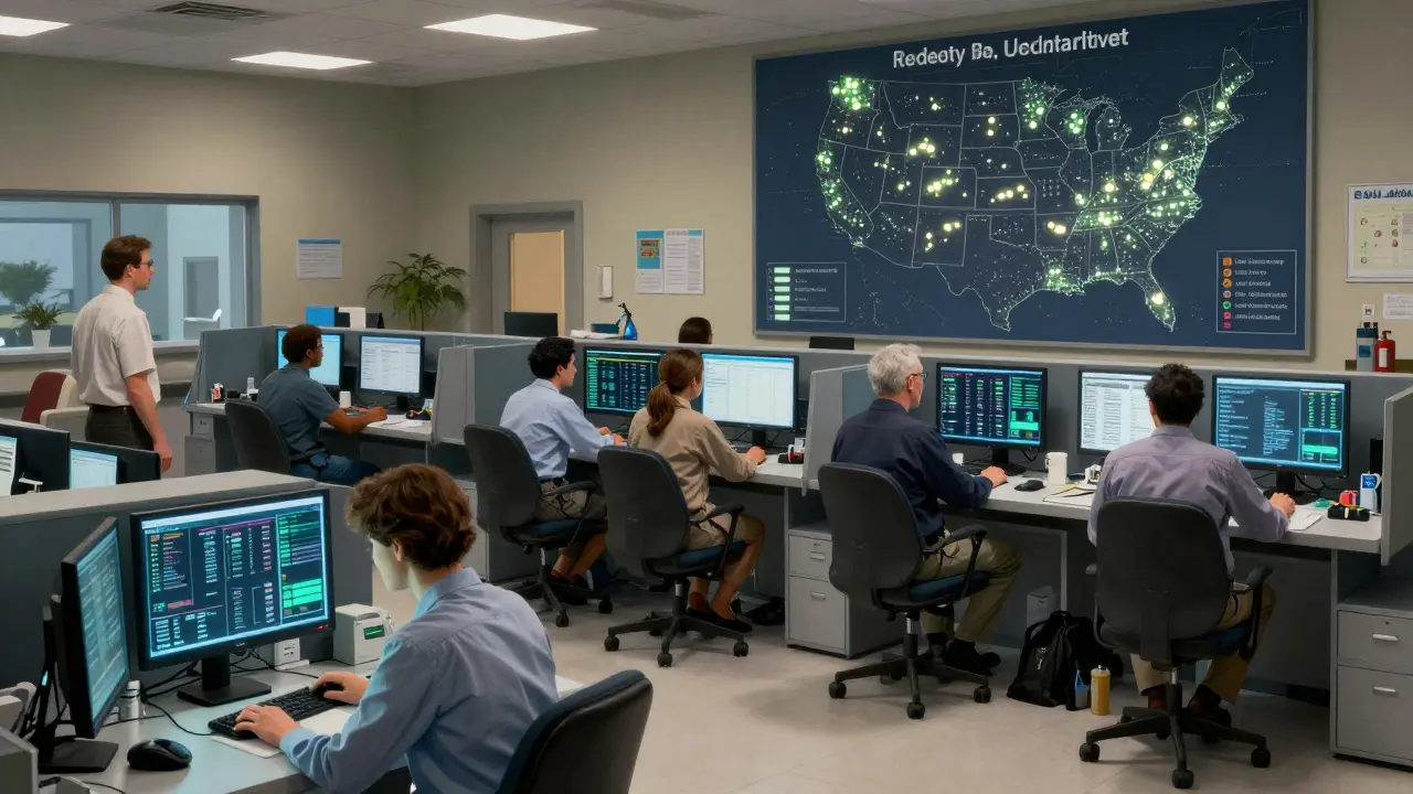 Diverse team analyzes anonymized health data in a quiet hospital data center.