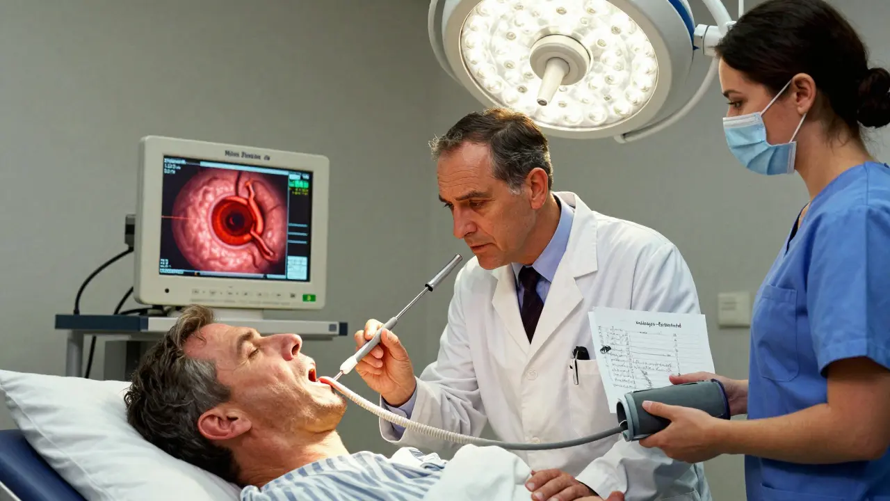 Doctor performing endoscopy on a patient with visible bleeding ulcer, medical team nearby.