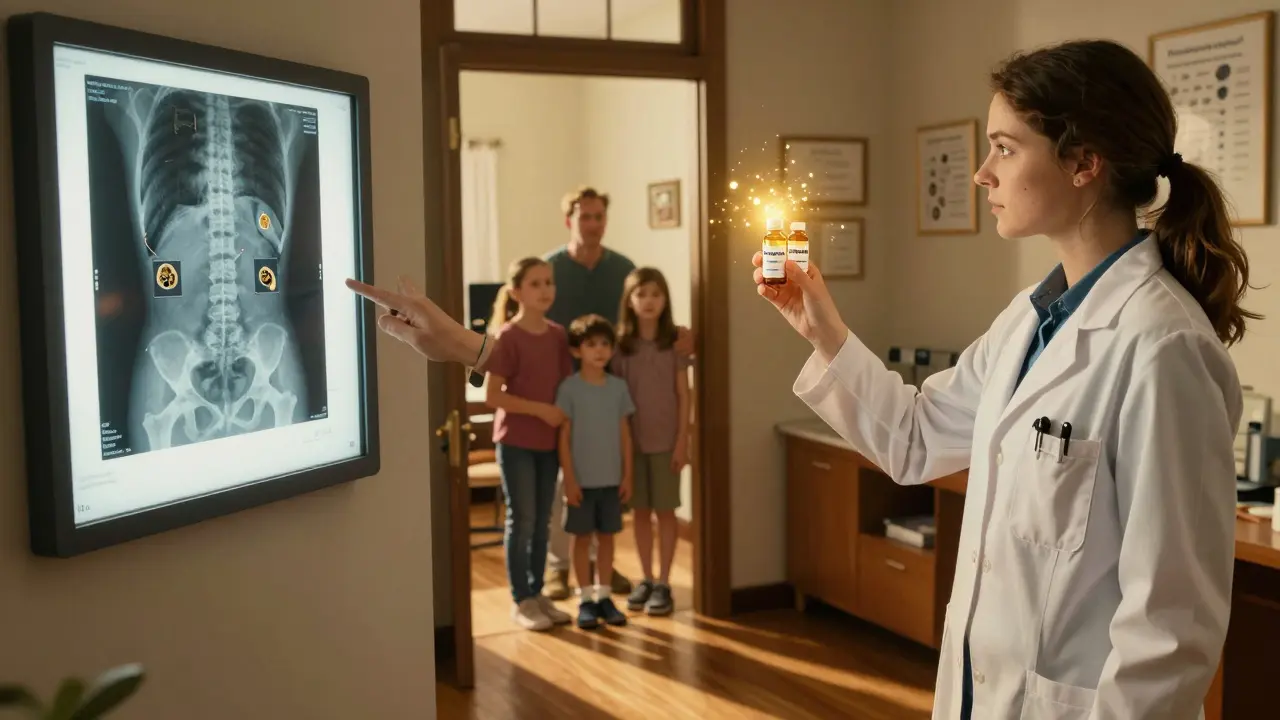 Doctor shows X-ray of bone lesions while holding vials of new treatments, family watches, golden light in clinic