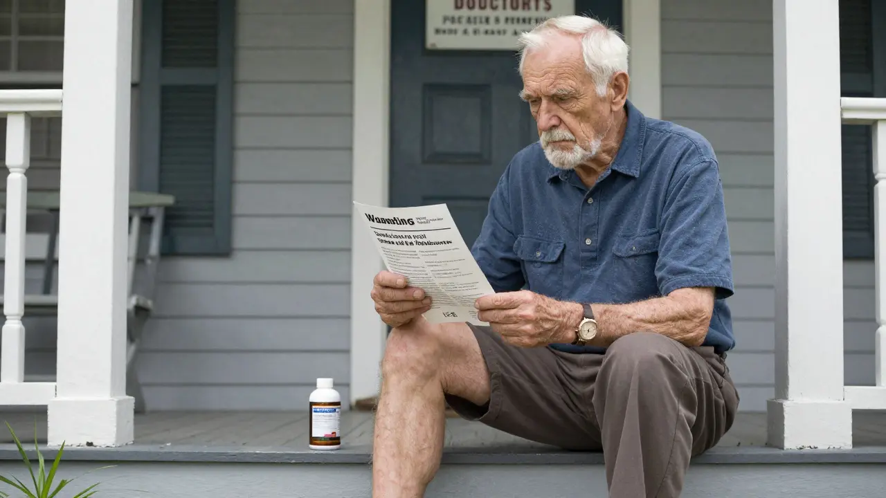 Elderly man with diabetes contemplating pain cream warning flyer