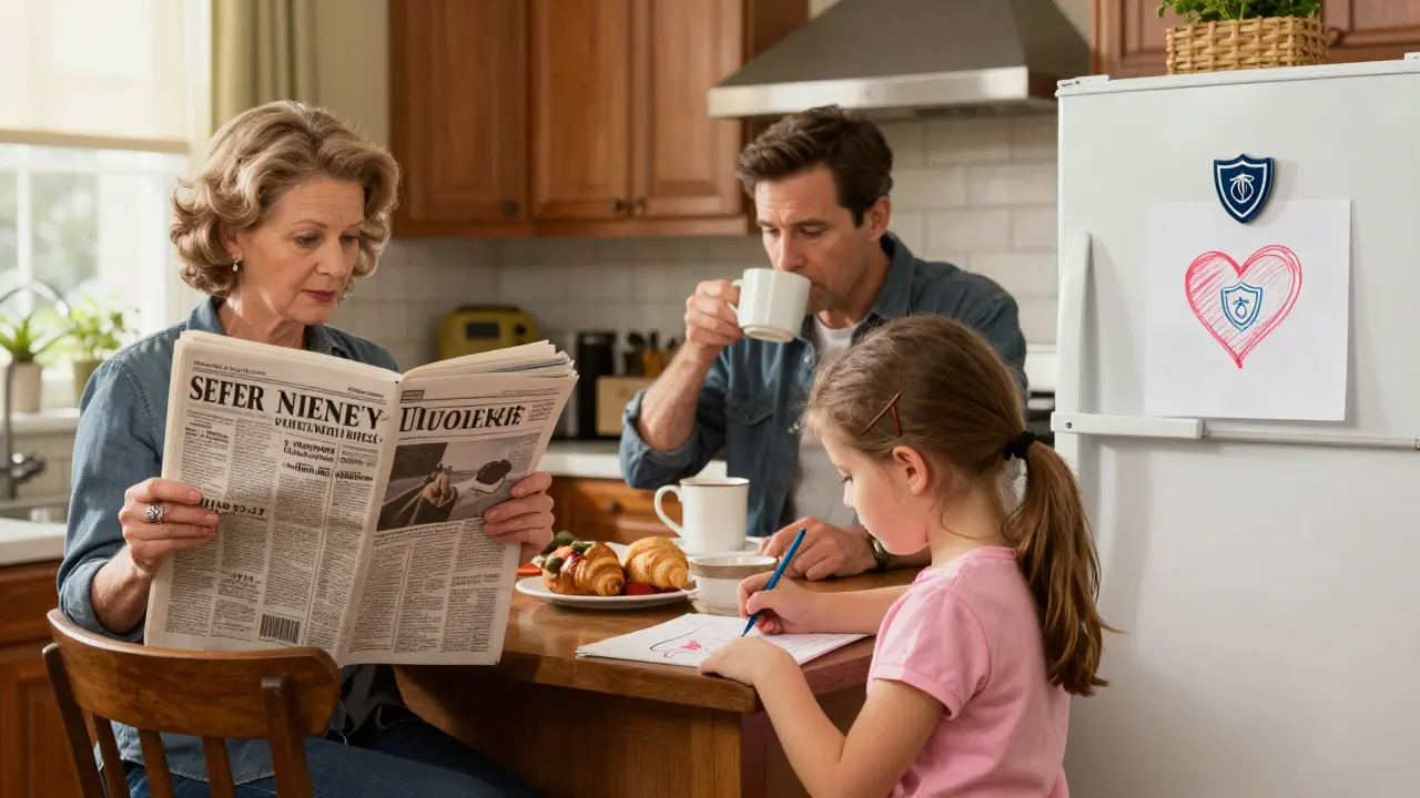 Family enjoys breakfast as a newspaper headline highlights improved drug safety.