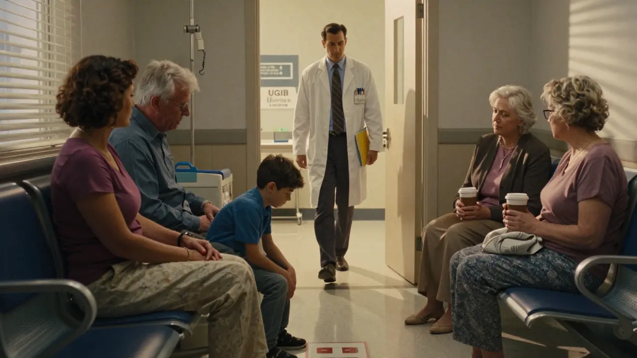 Family waiting anxiously in hospital waiting room as doctor approaches with medical folder.