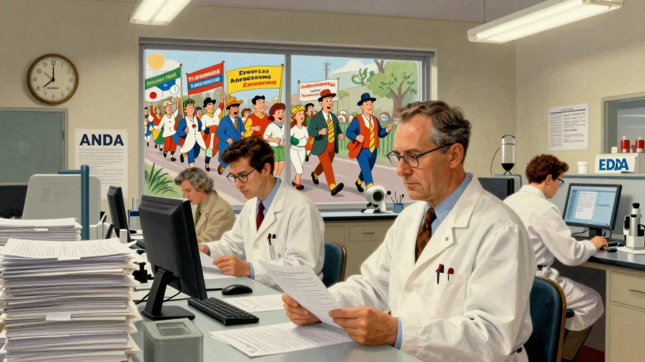 FDA scientists review generic drug applications as cartoon pills march in celebration outside the window.