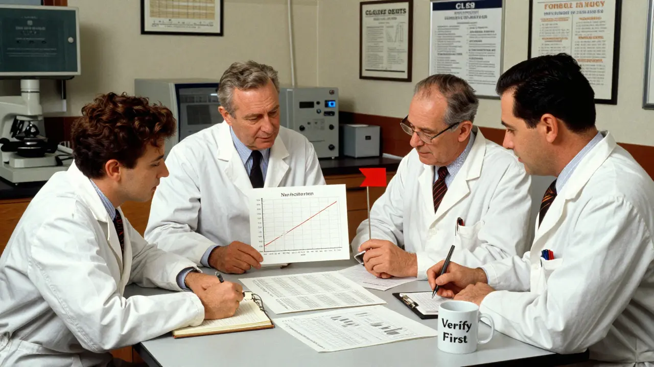 Lab staff reviewing test data with a director signing off, surrounded by guidelines and vintage equipment, conveying careful verification.