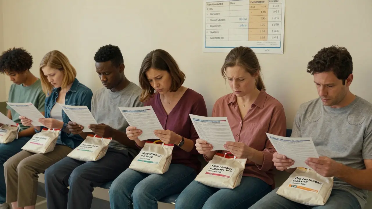 Patients in a waiting room hold specialty drug prescriptions and insurance documents.