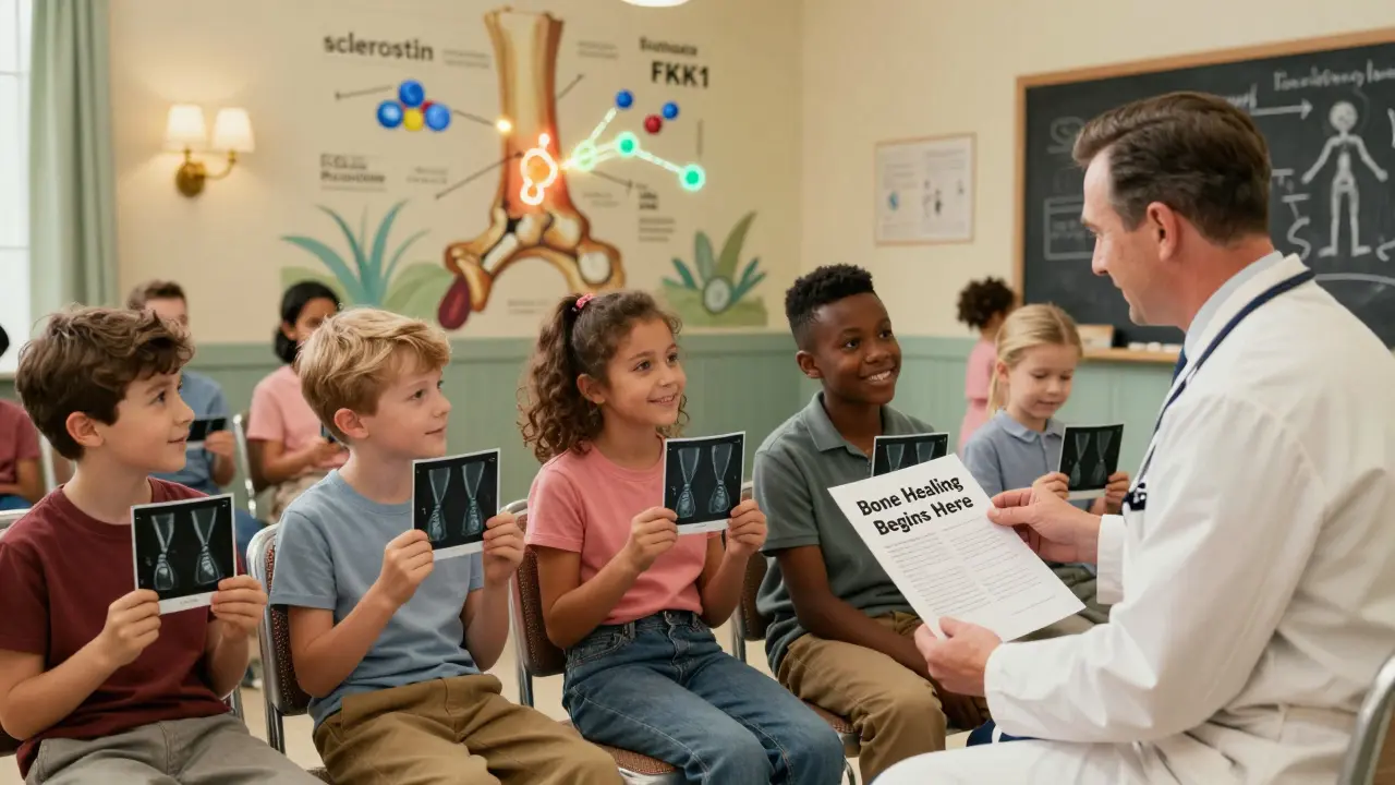 Patients in clinic smile as doctor gives treatment plan, mural shows bone healing, children draw on chalkboard
