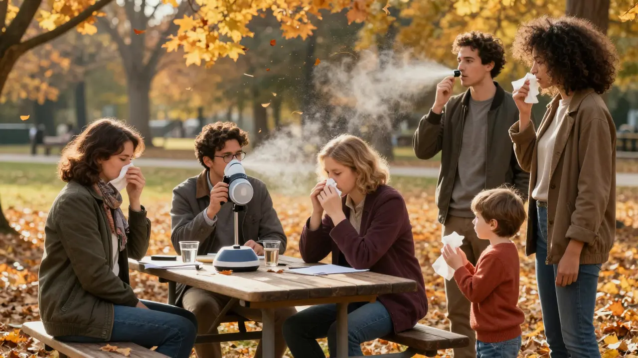 People in a park managing rhinitis symptoms with scarves, filters, and avoidance, under autumn trees.