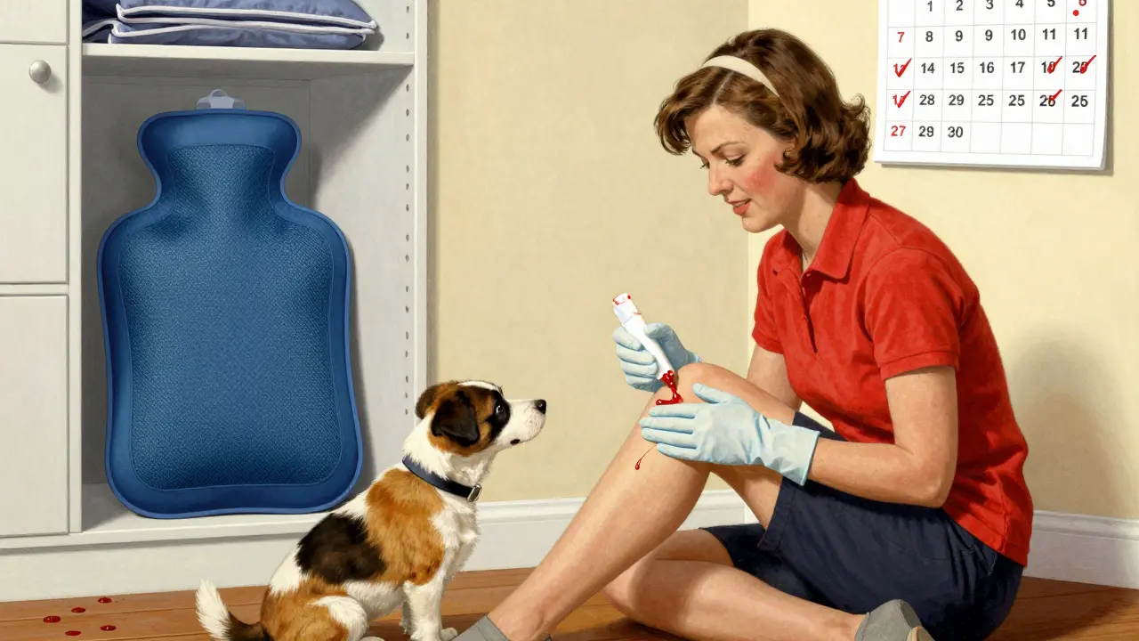 Woman applying capsaicin cream with gloves, heating pad stored away
