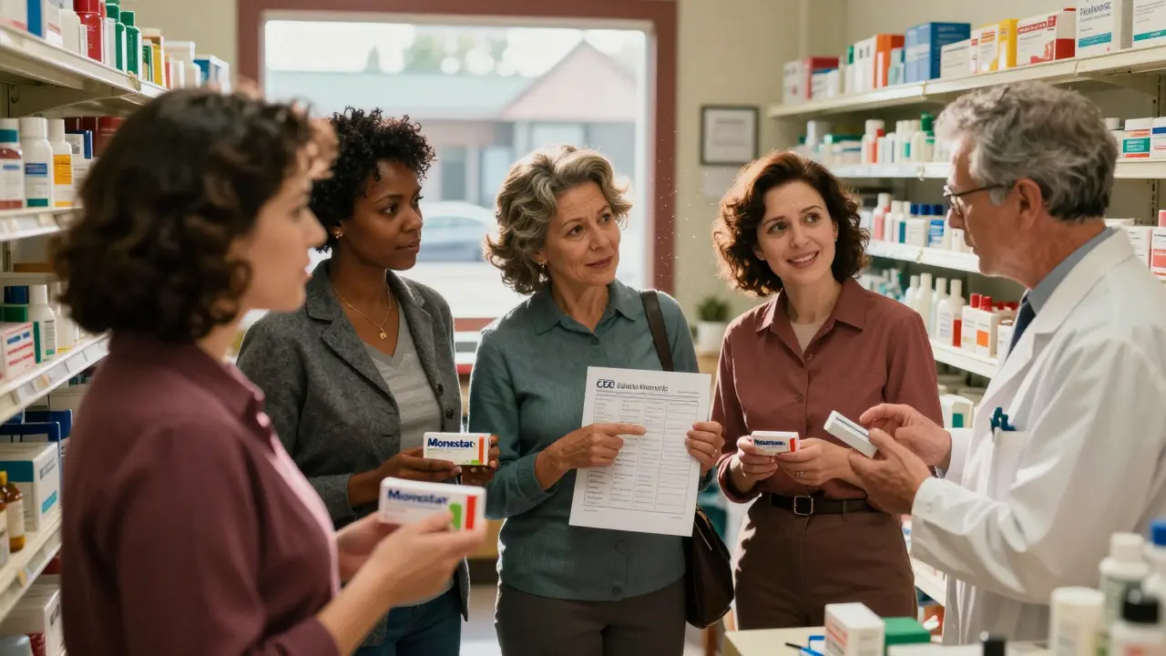 Women consulting a pharmacist in a cozy American pharmacy about OTC yeast treatments.