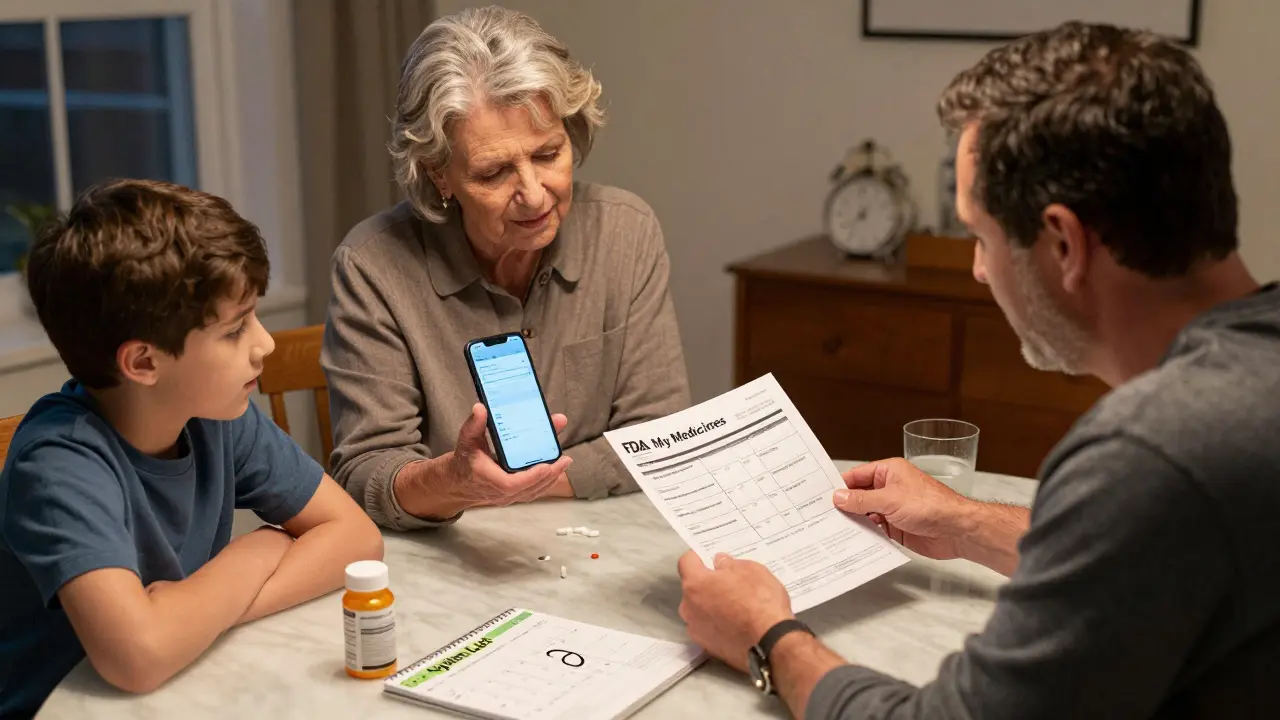 A family reviewing medication lists and pills at the dining table on a Sunday evening.