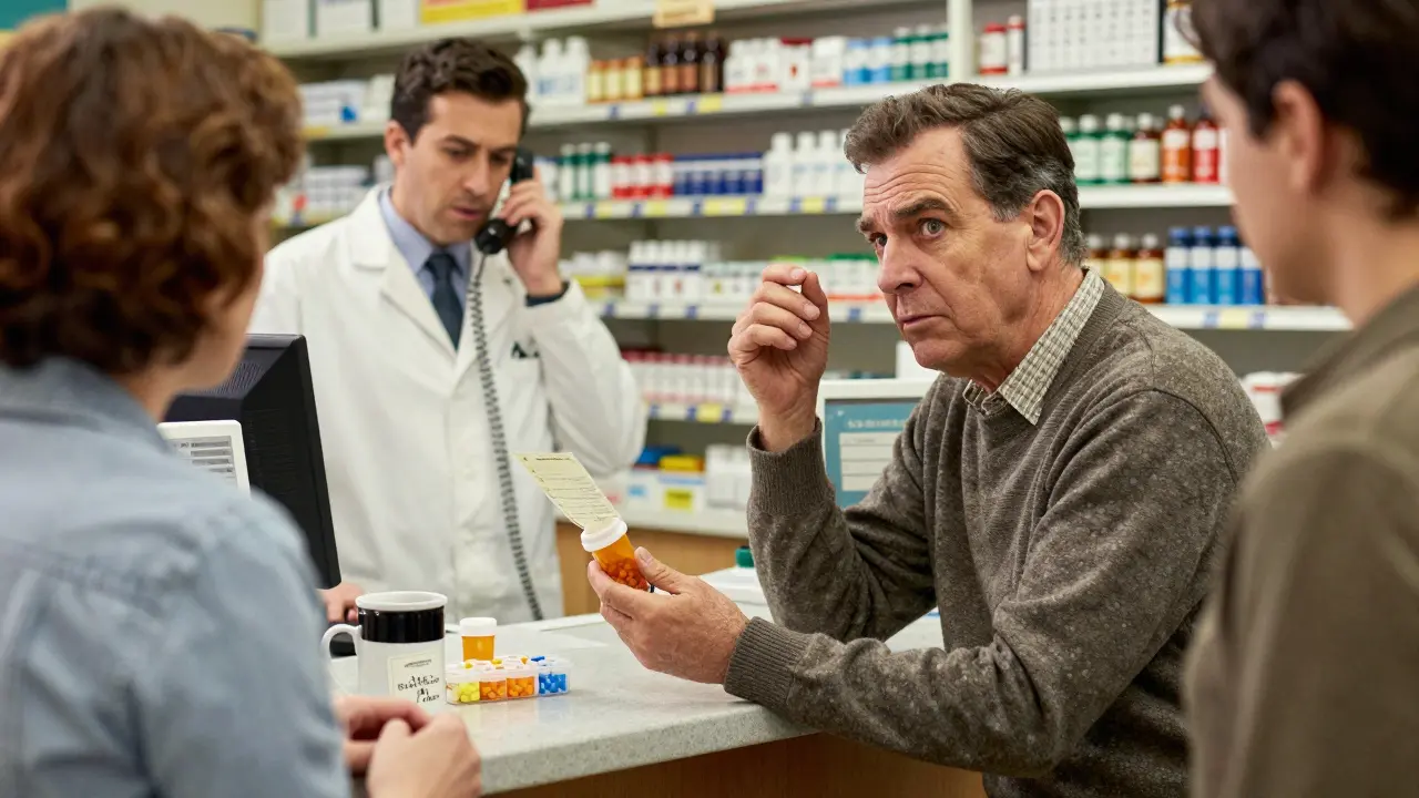 A man asks a pharmacist about his prescription in a busy pharmacy, surrounded by everyday details like a coffee mug and pill organizer.