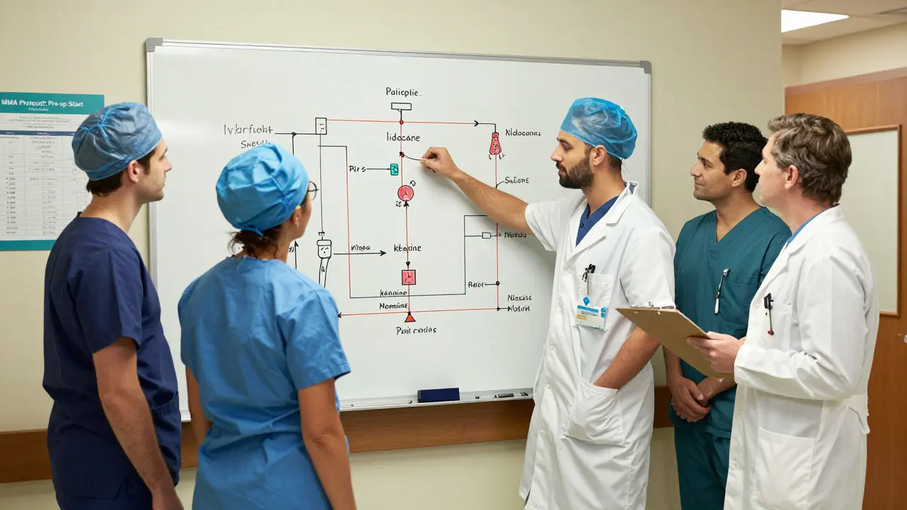 A medical team draws a multimodal pain management plan on a whiteboard, showing non-opioid interventions blocking pain pathways.