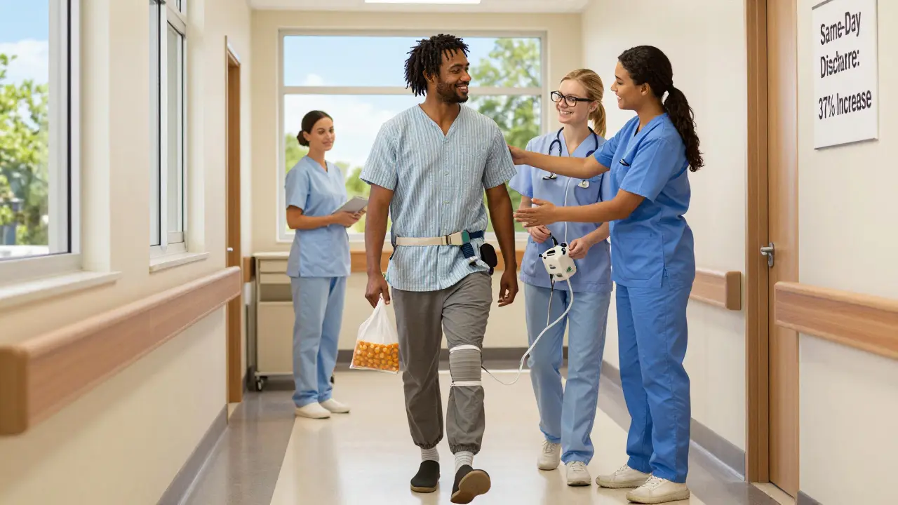 A patient walks confidently after surgery, with a wound infusion pump visible, smiling as a therapist encourages their recovery.