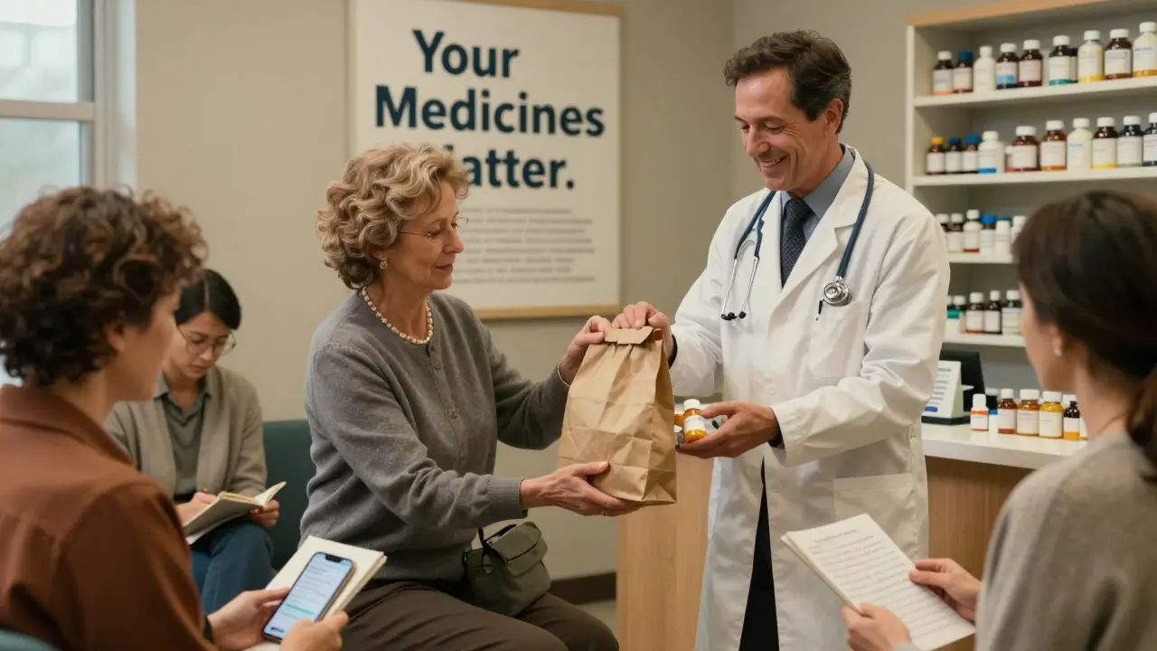 A pharmacist examining medication bottles from a brown bag while a woman watches, in a warm doctor’s office setting.